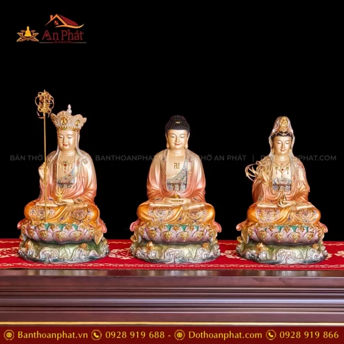 Tượng Ta Bà Tam Thánh Hiệu Ứng Đồng Tọa Đài Sen Cam Ánh Vàng Đế Sen Tím T2311