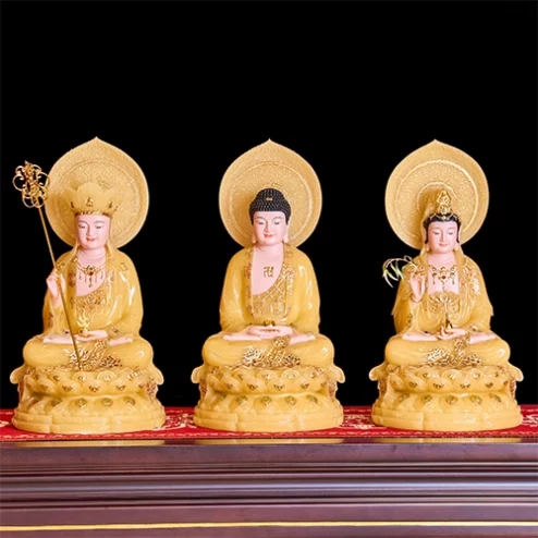 Tượng Ta Bà Tam Thánh Tọa Đài Sen Đá Vàng Thạch Anh Có Lá Đề T2315