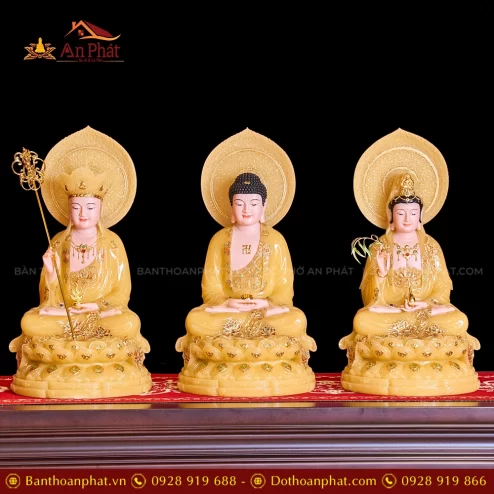Tượng Ta Bà Tam Thánh Tọa Đài Sen Đá Vàng Thạch Anh Có Lá Đề T2315