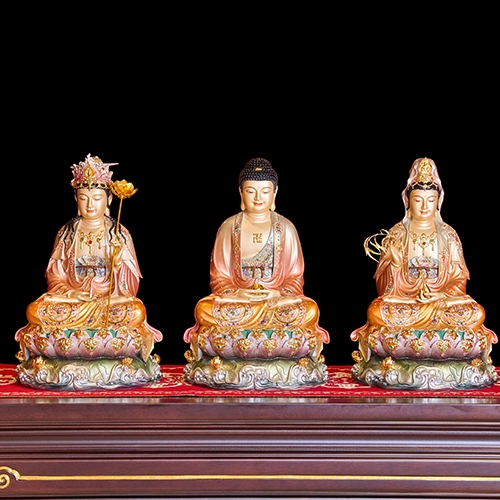 Tượng Tây Phương Tam Thánh Tọa Đài Sen Cam Ánh Vàng Đế Sen Tím T2308