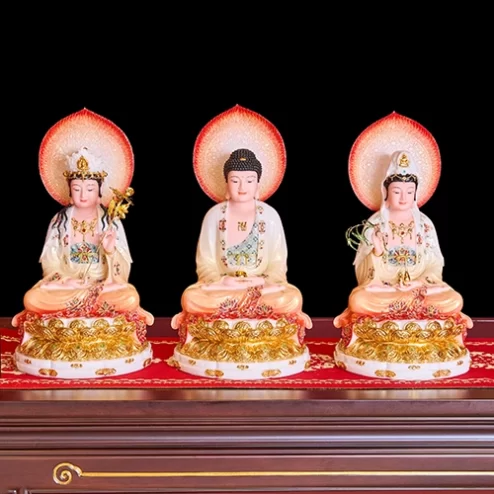 Tượng Tây Phương Tam Thánh Tọa Đài Sen Cam Loang Dát Vàng Có Lá Đề T2307