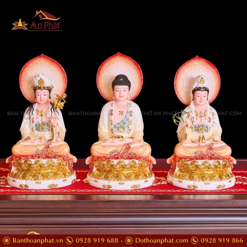 Tượng Tây Phương Tam Thánh Tọa Đài Sen Cam Loang Dát Vàng Có Lá Đề T2307