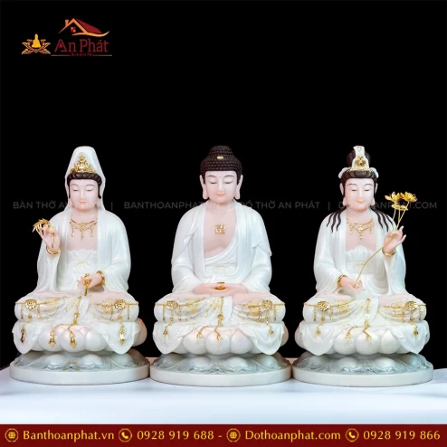 Tượng Tây Phương Tam Thánh Tọa Đài Sen Đá Thạch Anh Trắng Viền Vàng T2317