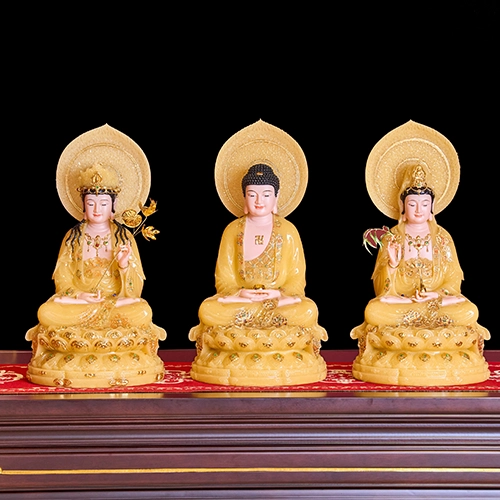 Tượng Tây Phương Tam Thánh Tọa Đài Sen Đá Vàng Thạch Anh Có Lá Đề T2309