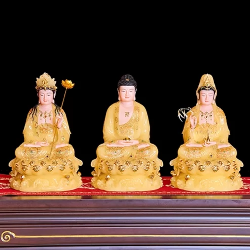 Tượng Tây Phương Tam Thánh Tọa Đài Sen Đá Vàng Thạch Anh T2312