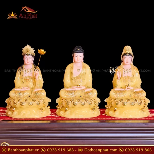 Tượng Tây Phương Tam Thánh Tọa Đài Sen Đá Vàng Thạch Anh T2312