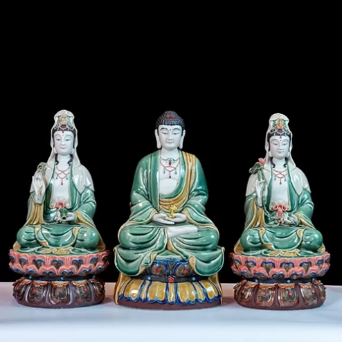 Tượng Tây Phương Tam Thánh Tọa Đài Sen Gốm Phật Sơn Cổ T2378