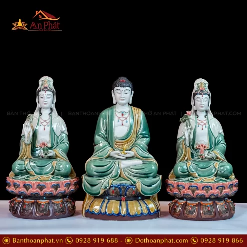 Tượng Tây Phương Tam Thánh Tọa Đài Sen Gốm Phật Sơn Cổ T2378