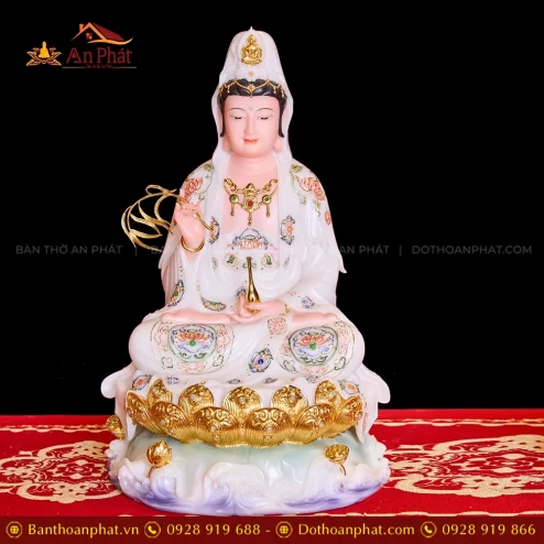 Tượng Quan Âm Tọa Đài Sen Trắng Vẽ Gấm T2322