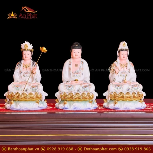 Tượng Tây Phương Tam Thánh Toạ Đài Sen Trắng Vẽ Gấm T2310