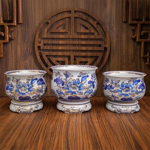 Bát Hương Lựu Vuốt Tay Men Lam Vẽ Vàng Cao Cấp DT1051