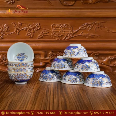 Bát Thờ Cao Cấp Men Lam Vẽ Vàng Hoa Sen DT1062