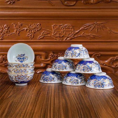 Bát Thờ Cao Cấp Men Lam Vẽ Vàng Hoa Sen DT1062