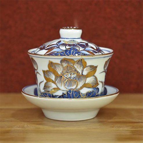 Bát Trà Sâm Men Lam Vẽ Vàng Hoa Sen Cao Cấp DT1063