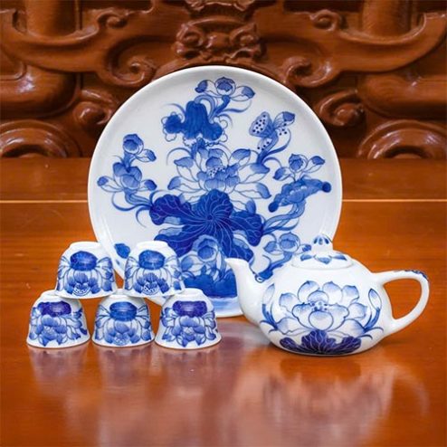 Bộ Ấm Chén Thờ Men Lam Bát Tràng Cao Cấp DT1022