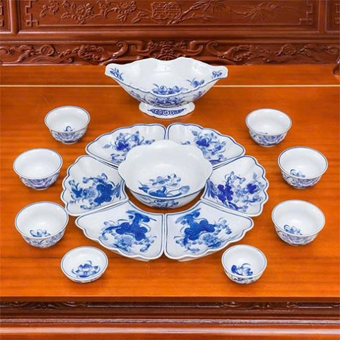 Bộ Bát Đĩa Cơm Thờ Mặt Trời Men Lam Cao Cấp Sứ Bát Tràng DT1027