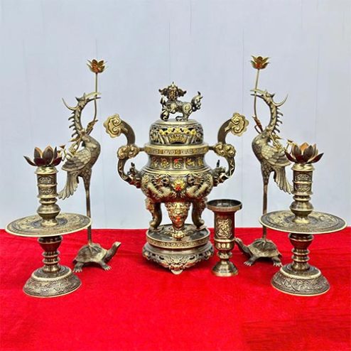 Bộ Đỉnh Hạc Bằng Đồng Cao Cấp Kèm Chân Nến Đôi Mẫu Cuốn Thư Hạc Cánh Tiên To DT1086