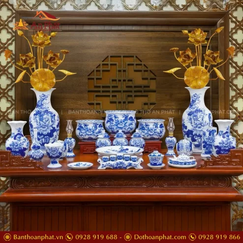 Bộ Đồ Thờ Bát Hương Lựu Cao Cấp Men Lam Bát Tràng BDT11914