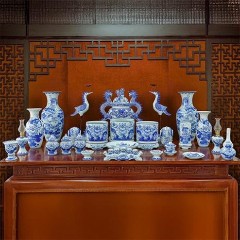 Bộ Đồ Thờ Bát Tràng Men Lam Cao Cấp Mẫu Hoa Sen BDT11918