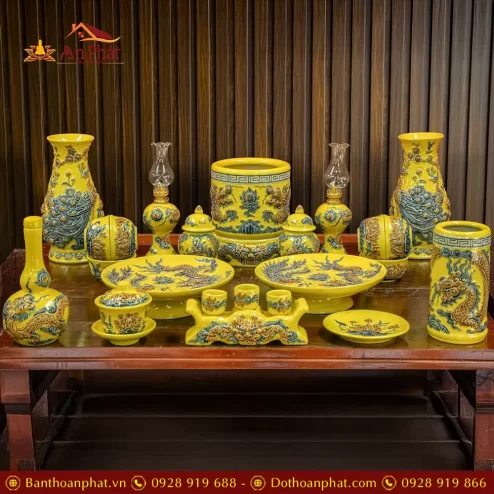 Bộ Đồ Thờ Bát Tràng Men Màu Vàng Đẹp BDT192