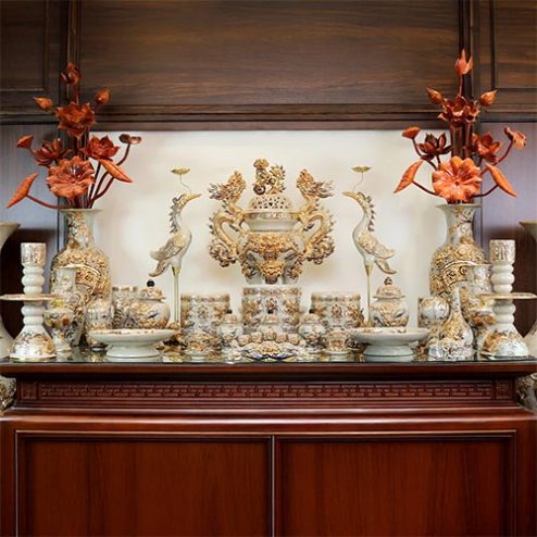 Bộ Đồ Thờ Cao Cấp Bát Tràng Vẽ Vàng Men Rạn Đắp Nổi BDT11905