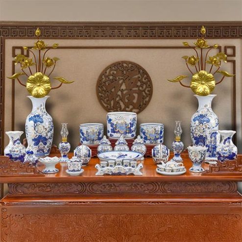 Bộ Đồ Thờ Gia Tiên Bát Hương Hoa Sen Men Lam Vẽ Vàng BDT11926