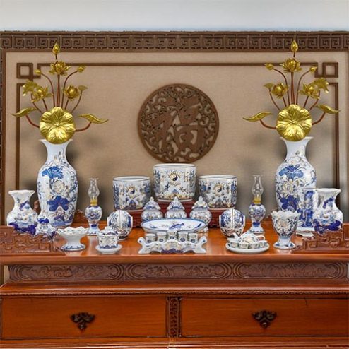 Bộ Đồ Thờ Gia Tiên Bát Tràng Men Lam Vẽ Vàng BDT11923