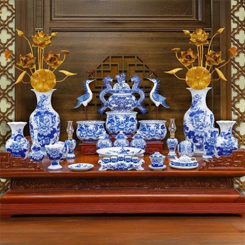 Bộ Đồ Thờ Gia Tiên Cao Cấp Men Lam Bát Tràng Bát Hương Lựu BDT11913