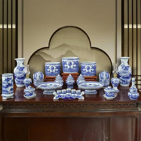 Bộ Đồ Thờ Gia Tiên Men Lam Mẫu Mới Gốm Bát Tràng BDT11915