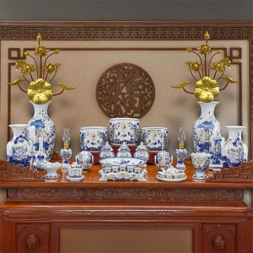 Bộ Đồ Thờ Gốm Sứ Bát Tràng Cao Cấp Men Lam Vẽ Vàng BDT11924