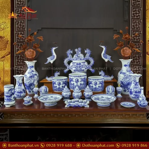 Bộ Đồ Thờ Men Lam Vuốt Tay Bát Tràng Cao Cấp BDT11917