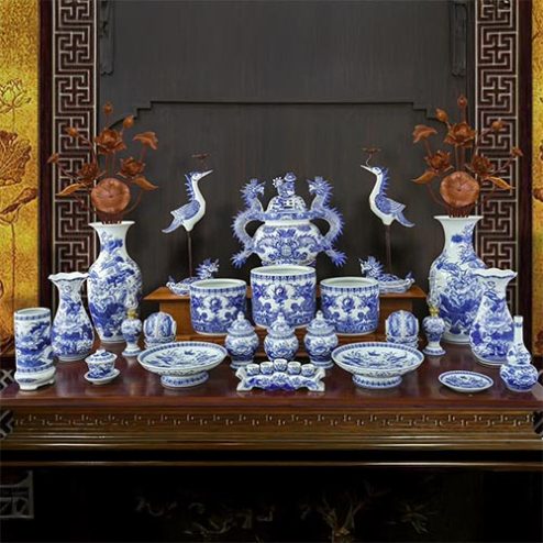 Bộ Đồ Thờ Men Lam Vuốt Tay Bát Tràng Cao Cấp BDT11917