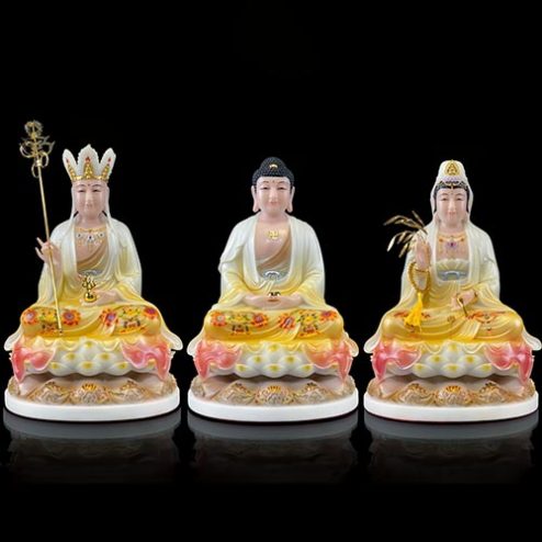 Bộ Tượng Ta Bà Tam Thánh Ngồi Đế Sen To Bột Đá Sơn Cao Cấp T2365