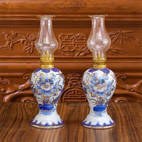 Đèn Dầu Thờ Dáng Xoài Cao Cấp Men Lam Vẽ Vàng DT1059