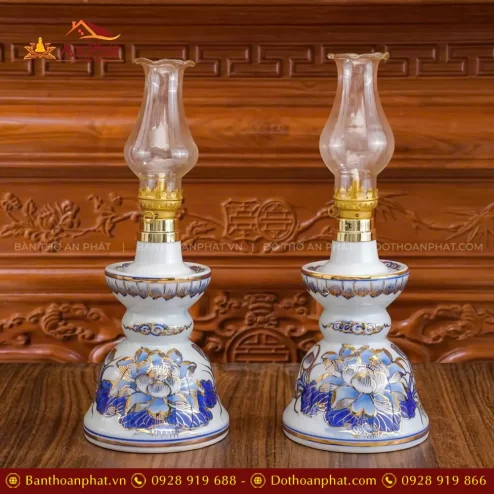 Đèn Dầu Thờ Mẫu Trụ Hoa Sen Men Lam Vẽ Vàng Cao Cấp DT1061