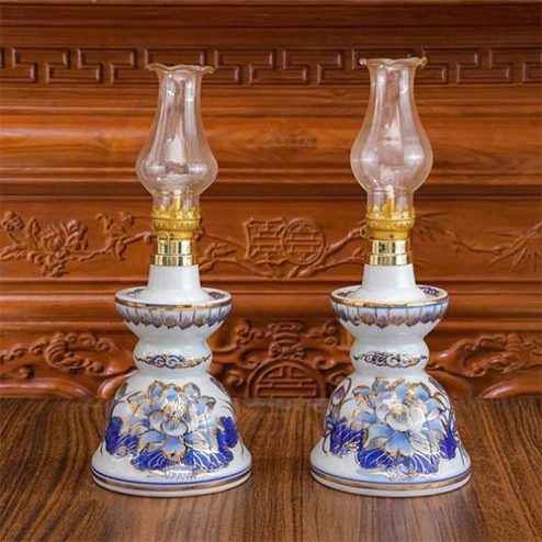 Đèn Dầu Thờ Mẫu Trụ Hoa Sen Men Lam Vẽ Vàng Cao Cấp DT1061