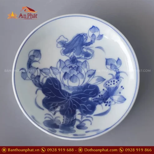 Đĩa Chầu Cau Men Lam Hoa Sen Bát Tràng DT1075