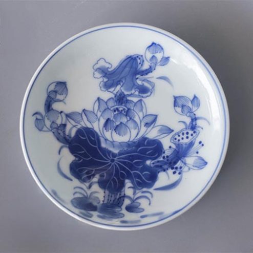 Đĩa Chầu Cau Men Lam Hoa Sen Bát Tràng DT1075