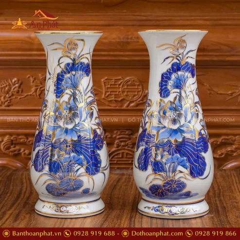 Lọ Hoa Mẫu Lọ Huệ Men Lam Vẽ Vàng Cao Cấp DT1070