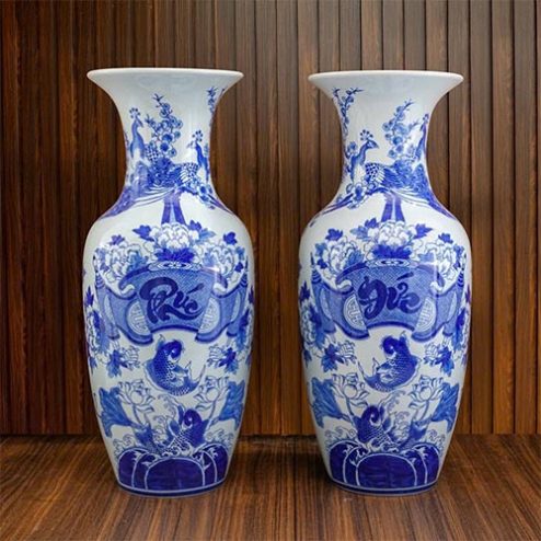 Lọ Lộc Bình Phúc Đức Men Lam Cao Cấp Sứ Bát Tràng DT1037