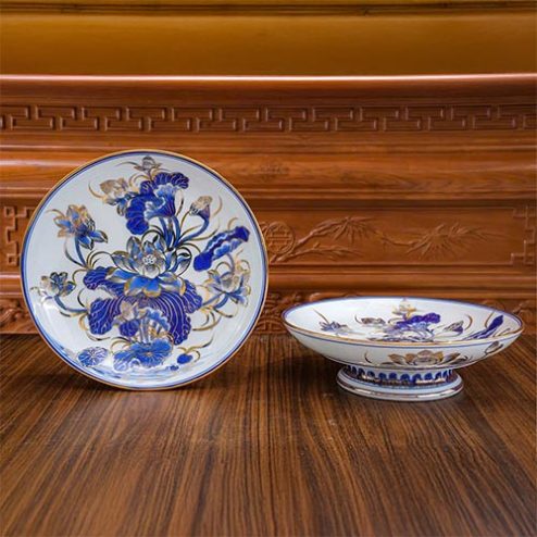 Mâm Bồng Men Lam Vẽ Vàng Cao Cấp Sứ Bát Tràng DT1056