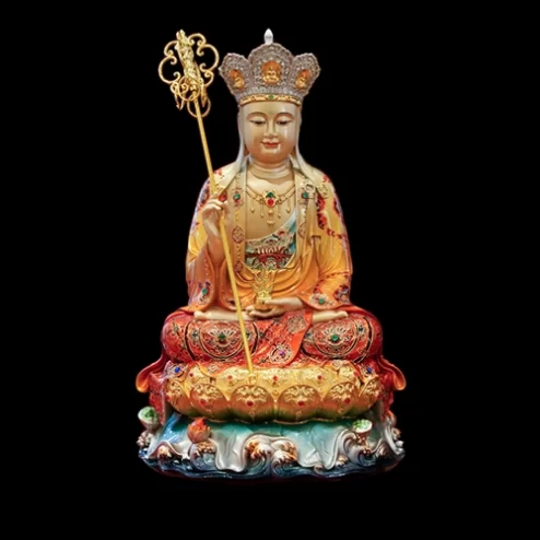 Tôn Tượng Địa Tạng Vương Ngọc Thạch Phủ Đồng Tọa Lá Sen Vẽ gấm Đỏ cam T2390