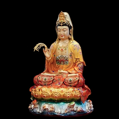 Tôn Tượng Quan Thế Âm Ngọc Thạch Phủ Đồng Tọa Lá Sen Vẽ gấm Đỏ cam T2392