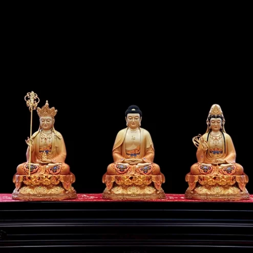 Tôn Tượng Ta Bà Tam Thánh Ngọc Thạch Phủ Đồng Tọa Đài Sen vàng ánh nâu T2399