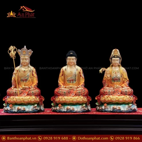 Tôn Tượng Ta Bà Tam Thánh Ngọc Thạch Phủ Đồng Tọa Lá Sen Vẽ gấm Đỏ cam T2393