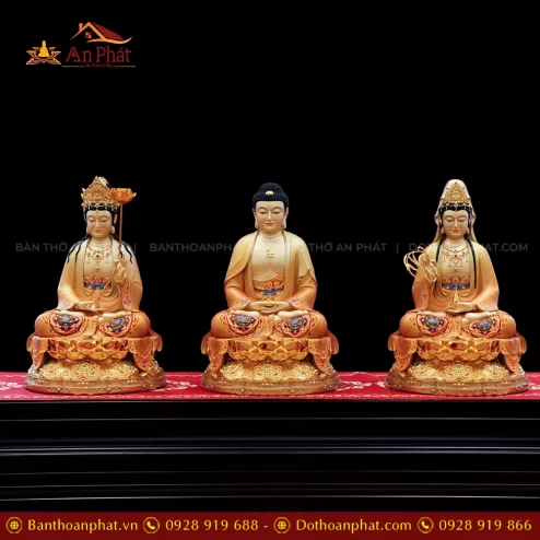 Tôn Tượng Tây Phương Tam Thánh Ngọc Thạch Phủ Đồng Tọa Đài Sen vàng ánh nâu T2398