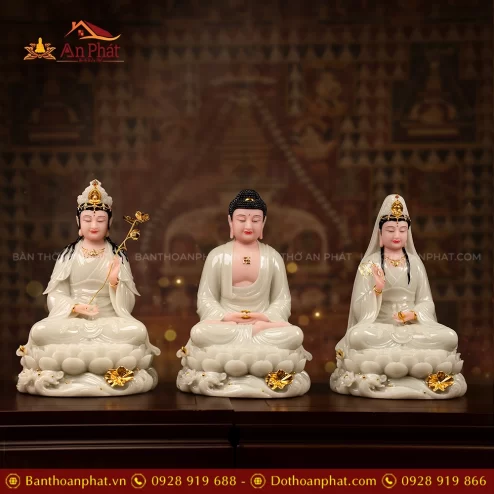 Tôn Tượng Tây Phương Tam Thánh Thạch Anh Men Xanh Ngọc Bảo T2425