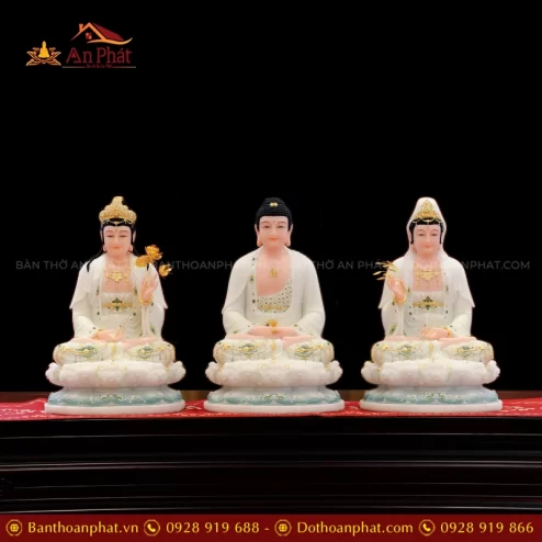 Tôn Tượng Tây Phương Tam Thánh Tọa Đài Sen Đá Đài Loan Xanh trắng T2385