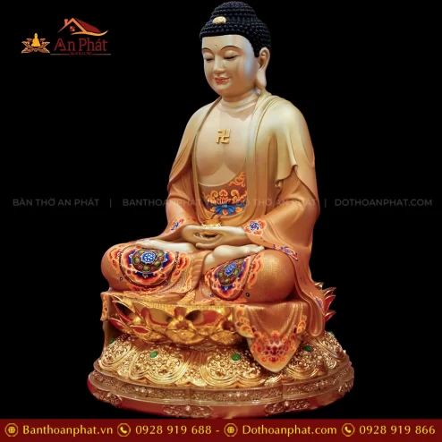 Tượng Bổn Sư Thích Ca Mâu Ni Ngọc Thạch Phủ Đồng Tọa Đài Sen vàng ánh nâu T2397