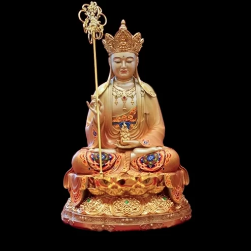 Tượng Địa Tạng Vương Ngọc Thạch Phủ Đồng Tọa Đài Sen vàng ánh nâu T2395